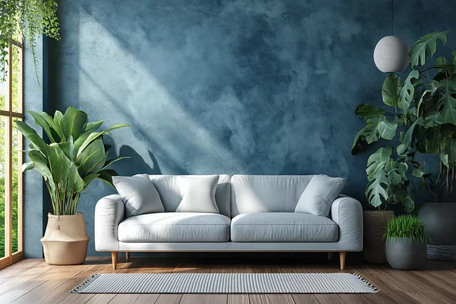 Salon avec mur bleu tendance été 2025